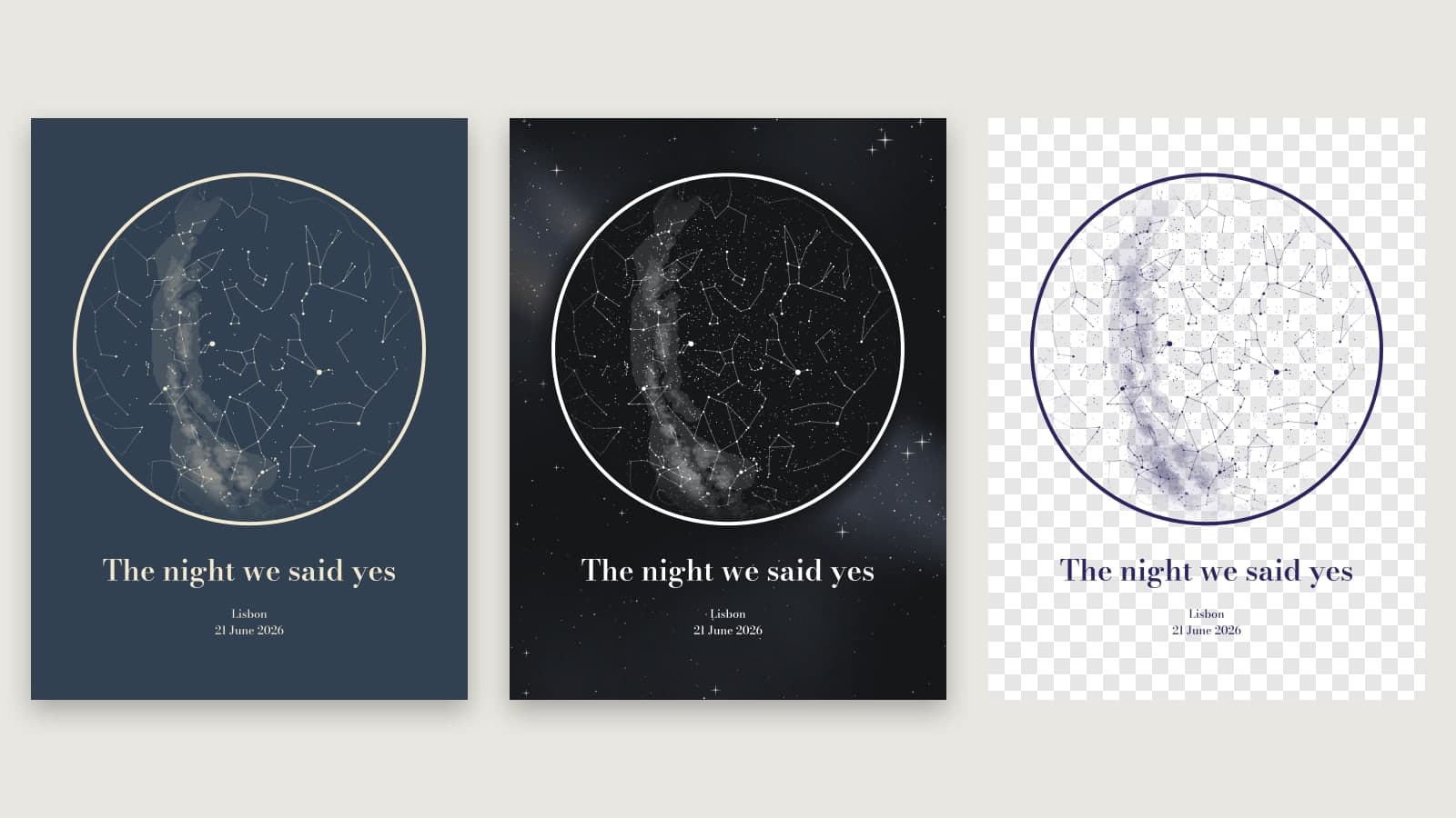 Three star map posters: one with fewer stars, one with a space backdrop, and one with a transparent background