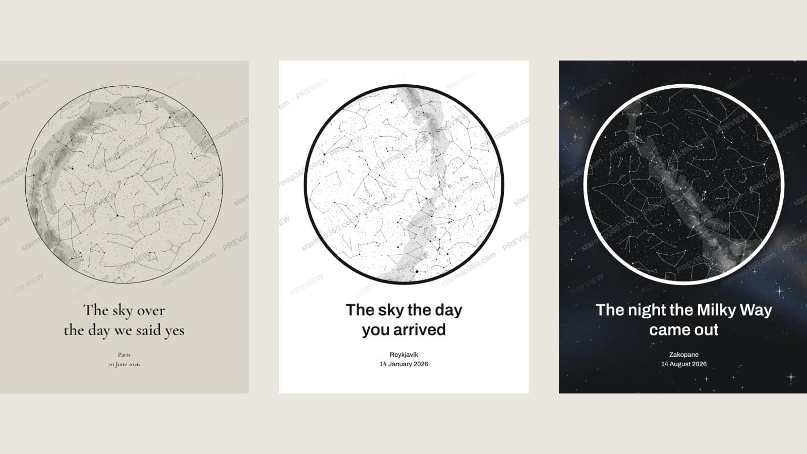 Three personalized star map posters side by side, in cream, navy and dark green