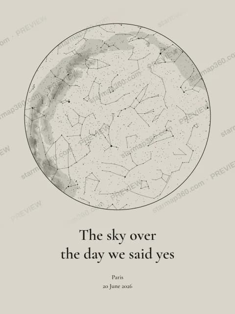Star map PNG of the sky over Paris on a wedding night, cream background
