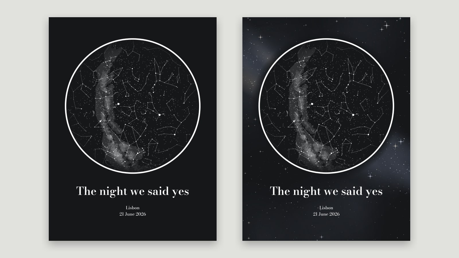 Two dark star map posters: on the left with a plain black background, on the right with a starry space backdrop around the map