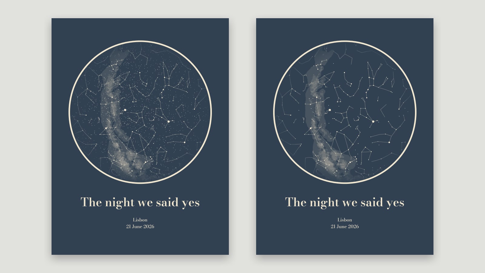 The same star map poster twice: on the left with every naked-eye star, on the right with only the brighter stars