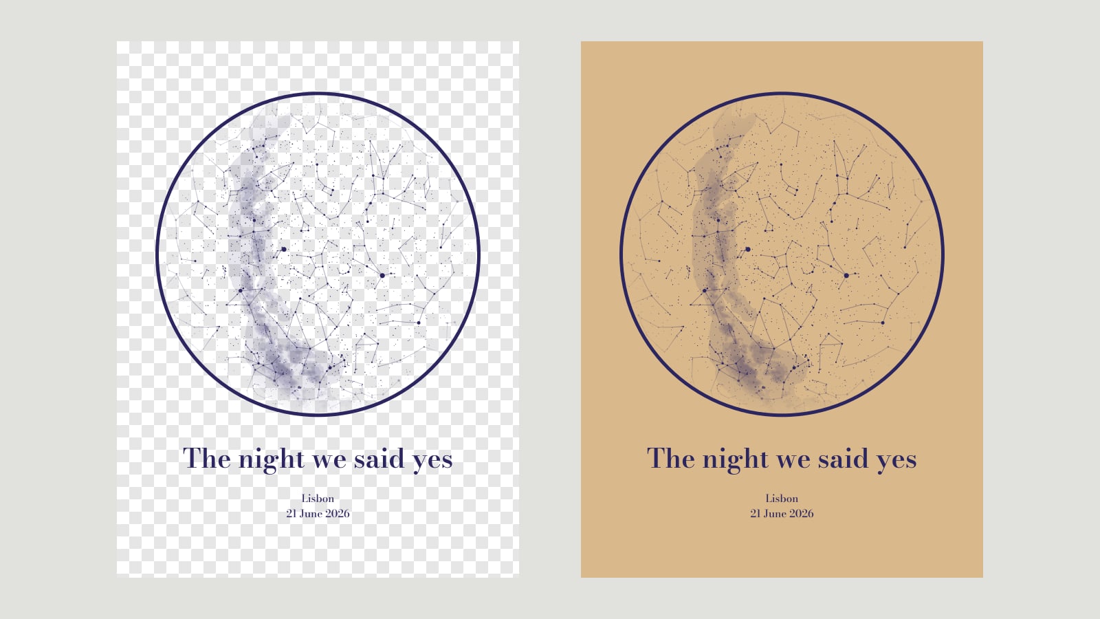 A star map with a transparent background, shown on a checkerboard on the left and on a sand-coloured surface on the right